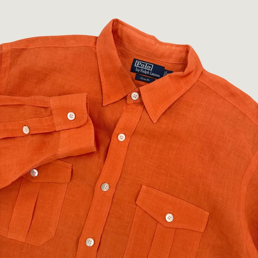 Polo Ralph Lauren Linen Button Down Shirt Custom Fit Mens XL OrangeLong Sleeve